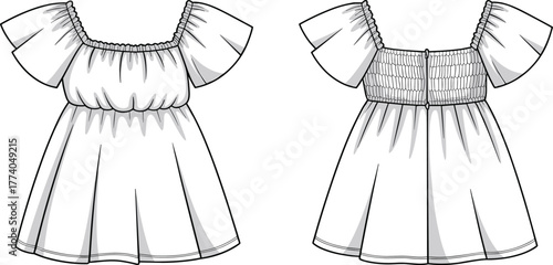 Off shoulder dress, short sleeve fashion, technical flat sketch, apparel design, summer outfit, shirred bodice, ruffle neckline, flared skirt illustration