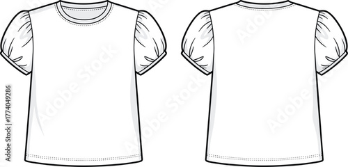 Puff sleeve shirt, short sleeve fashion, technical flat sketch, apparel design, round neckline, gathered shoulder, casual outfit, stylish clothing illustration