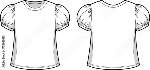 Short sleeve puff blouse flat sketch, gathered sleeve fashion illustration, round neckline apparel design, sewing pattern, garment construction vector template, womenswear