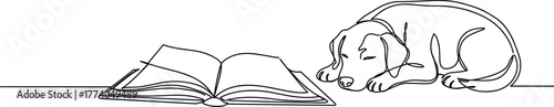 Sleeping dog next to an open book in a minimalist line vector style  