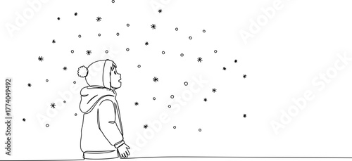 Child looking up at falling snowflakes in winter scenery, line vector, transparent background  