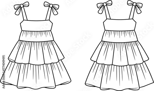 Sleeveless bow strap tiered dress flat sketch, girls fashion illustration, layered skirt apparel design, sewing pattern, garment construction vector template