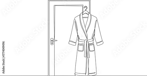 White bathrobe hanging on door in minimalist line vector style  