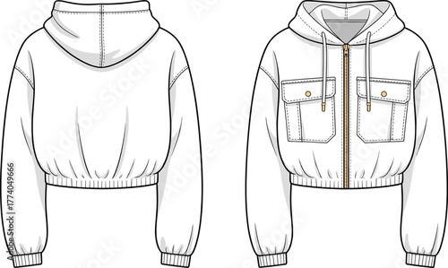 Technical fashion illustration, cropped hooded jacket front and back, apparel design sketch, clothing template, garment construction drawing, outerwear vector, fashion flat
