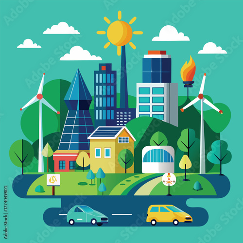 Eco-friendly city with renewable energy and transportation