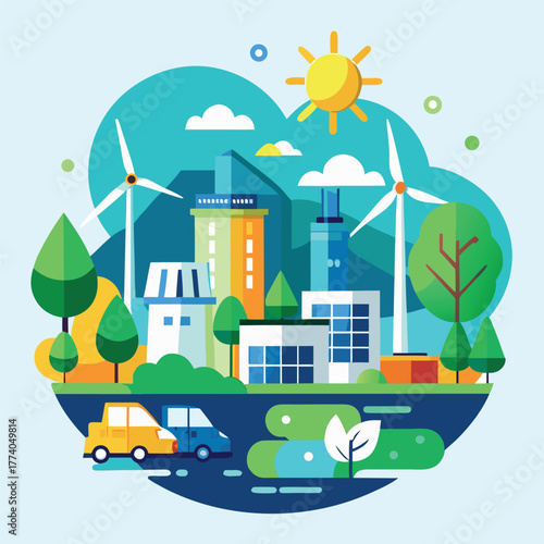 Eco-friendly city with wind turbines and cars urban