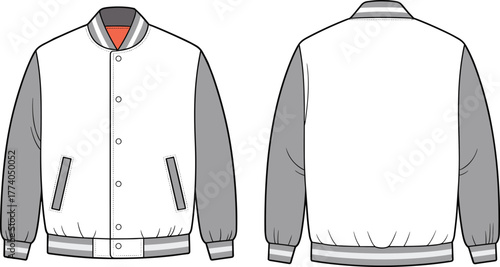 Varsity jacket flat sketch, front and back view, fashion vector template, apparel design outline, sewing pattern, garment construction illustration, sportswear outerwear