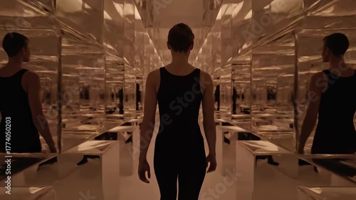 Person walking through mirrored corridor with shifting lights — concept of transformation and self-discovery