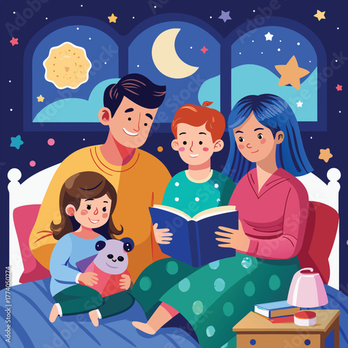 Family Reading Bedtime Story by Window illustration