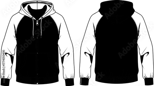 Hooded jacket technical flat sketch, front and back view, zip-up closure, ribbed cuffs and hem, two-tone sleeve design, fashion vector illustration