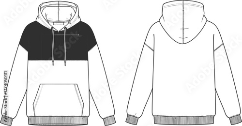 Hooded sweatshirt technical flat sketch, front and back view, color block design, kangaroo pocket, ribbed cuffs and hem, fashion vector illustration