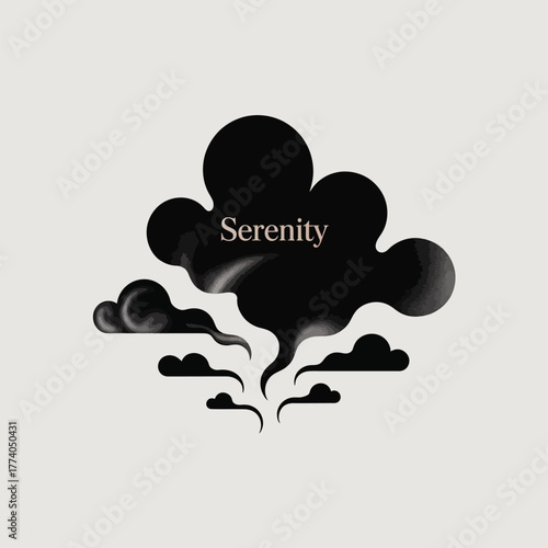Abstract black cloud shape with serenity text embodiment of calmness and peace