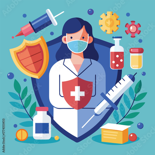 Female doctor in lab coat with medical shield and vaccine