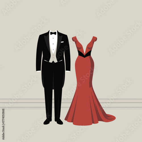 Elegant black tuxedo and stunning red evening gown for formal occasions