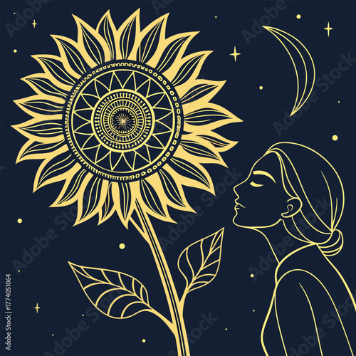 Woman admiring a large ornate sunflower under a crescent moon