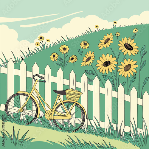Yellow Bicycle and Sunflowers by a White Picket Fence