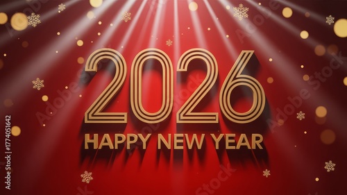 Happy New Year 2026 with golden numbers and festive red background with bokeh and snowflakes.