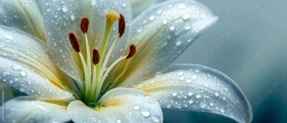 Fototapeta premium Delicate white flower petals covered in fresh, sparkling water droplets capture the morning light