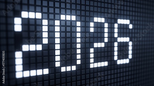 Digital display showing the year 2026 in bright white pixels on a dark background.