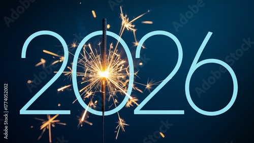 Sparkler ignites the number 2026, symbolizing the start of a new year.