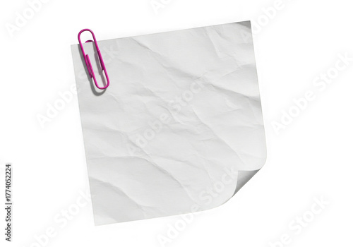 Crumbled white paper note with pink paperclip isolated transparent background