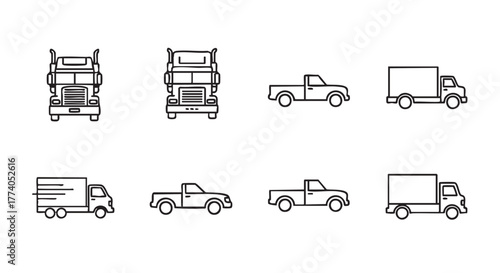 Different types of trucks and vehicles in black outline design