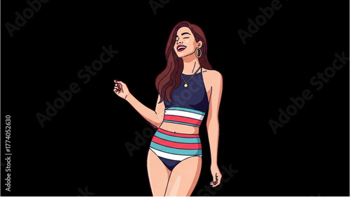 Attractive Woman with Striped Swimsuit in Lively Vector Illustration