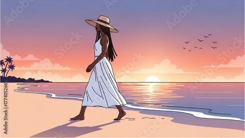 Serene woman in a white dress walks along a beach at sunset
