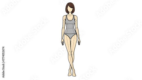 Illustration of standing woman in underwear with crossing legs, full-length view