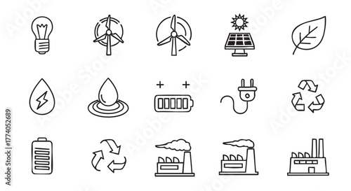 Doodle illustration of renewable energy symbols for sustainable resources concept