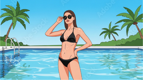 Vacation Illustration Woman in Bikini by Pool with Palm Trees