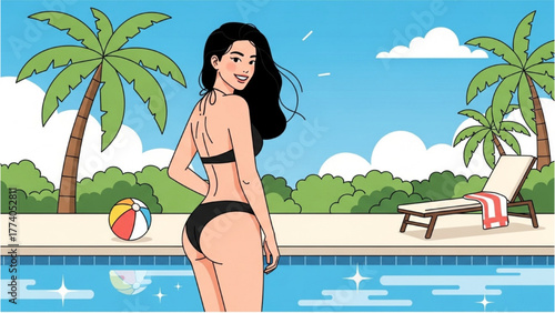 Woman in bikini posing by swimming pool with beach ball and lounge chair