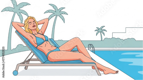 Woman relaxing on a lounge chair by the pool on a sunny day, enjoying vacation