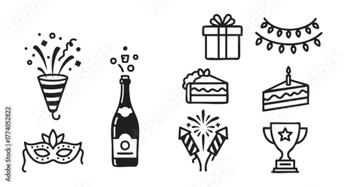 Festive New Year celebration with popping confetti mask and champagne bottle