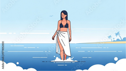 Beautiful woman in bikini and sarong walking on tropical beach water