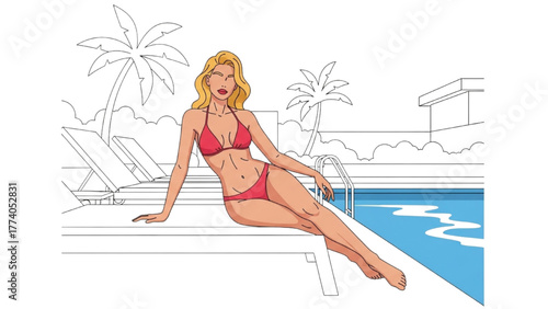 Attractive woman in red bikini relaxing by a swimming pool