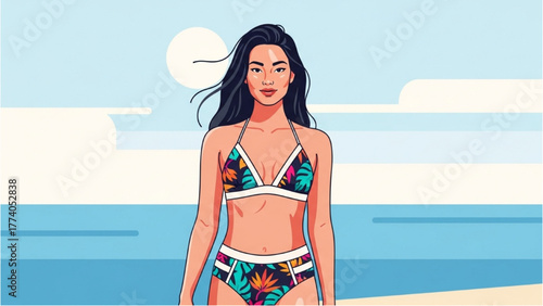 Vibrant young woman illustration with natural curly hair, stylish glasses, and a radiant smile