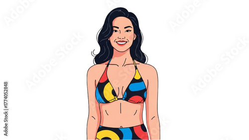 Joyful woman in a vibrant swimsuit, smiling brightly, ready for summer adventures and a relaxing poolside getaway