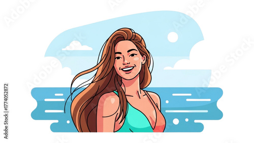 Smiling woman at the beach with soft, flowing hair, bathed in sunlight