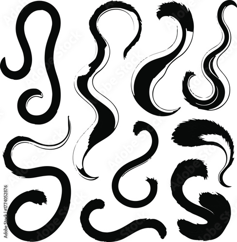  Cat tail shape variations set, simple black outline, white background, different curve and fluff styles, educational and branding-friendly 1