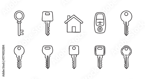 Four different types of keys in a simple line drawing