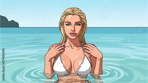 Beautiful blonde woman in white bikini enjoying a tropical ocean swim