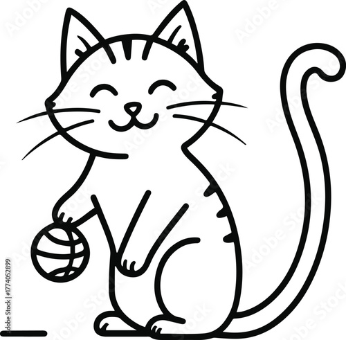 Cat with ball toy minimal line drawing, playful pose, thin black outline, white background, cute simple pet illustration 2
