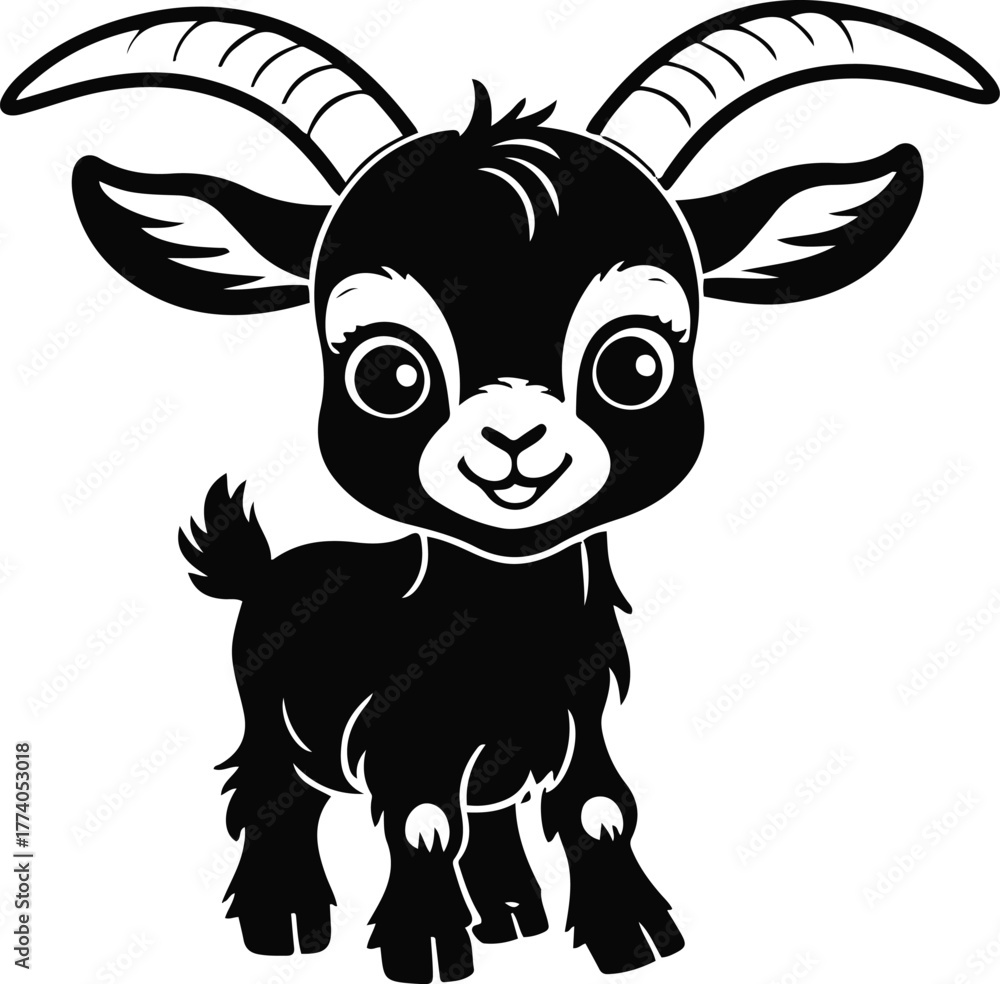 Obraz premium Playful baby goat (kid) outline, soft rounded lines, white background, cute minimal farm animal vector 1