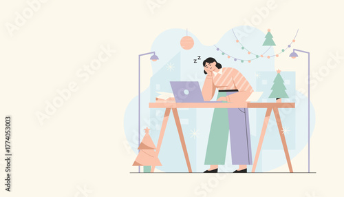 Tired woman sleeping at her desk during Christmas holidays Work burnout and fatigue concept