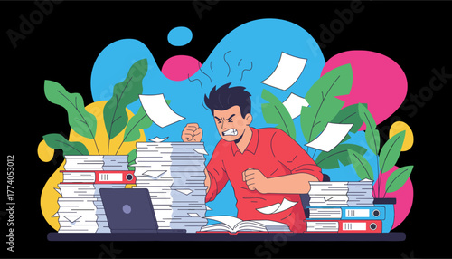 Stressed man frustrated by massive paperwork and deadlines Office burnout concept