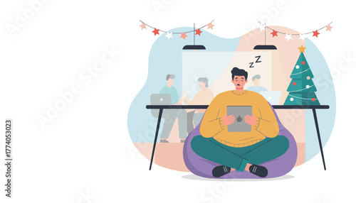 Exhausted man sleeping on a beanbag chair in a holidaydecorated office dealing with yearend fatigue or burnout