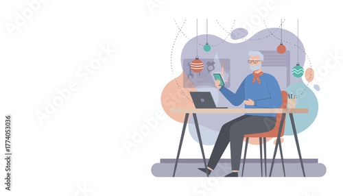 Elder working on laptop checking smartphone in a cozy decorated home office