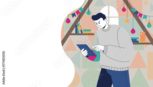 Angry man struggles with his tablet in a cozy decorated attic room illustration