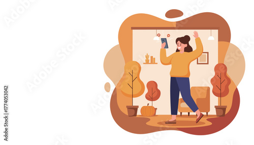 Smiling woman using phone for social media or video chat in a cozy fall setting at home